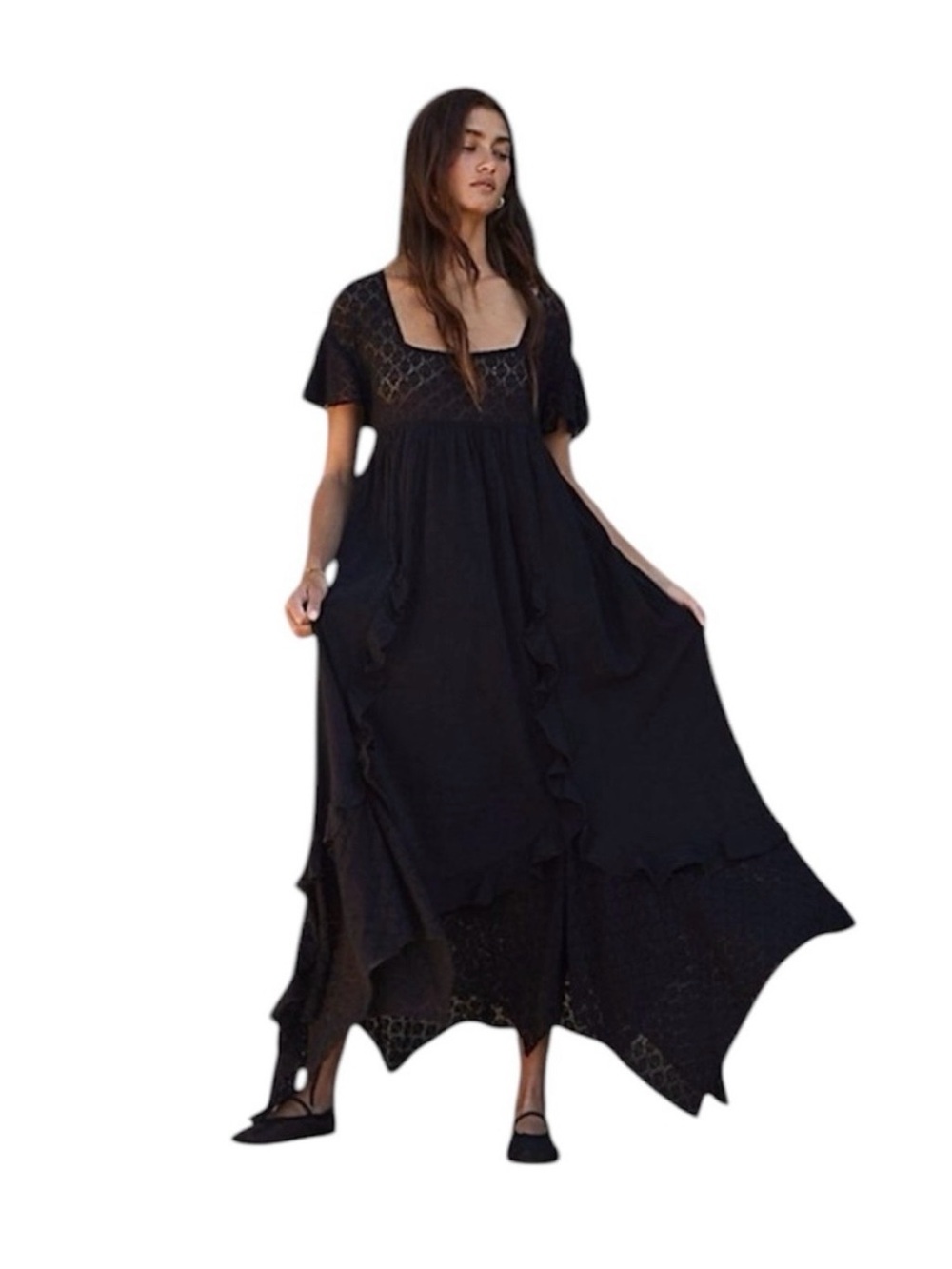 Free People Black Boho Maxi Dress with Square Neck
